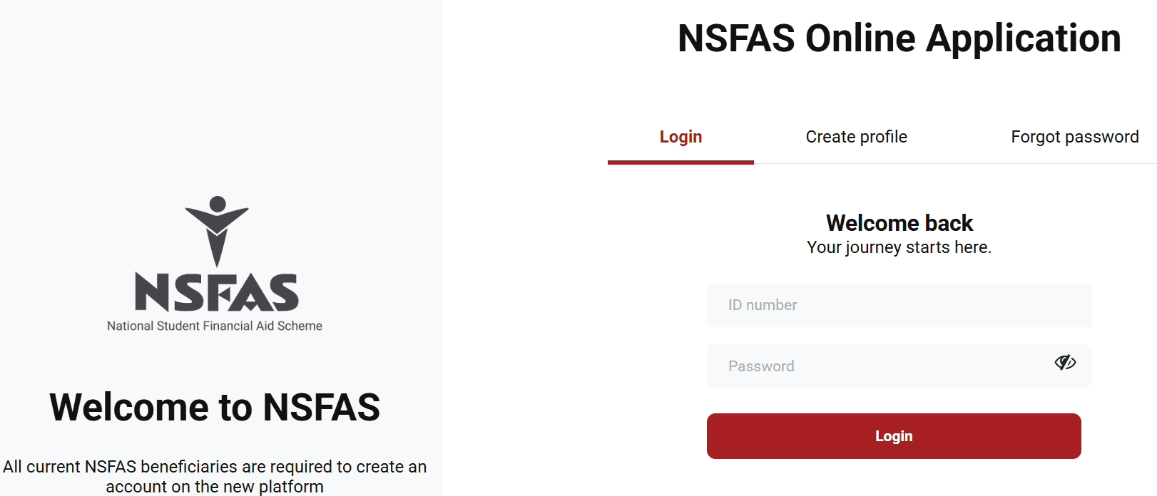 myNSFAS Online Application login screen at my.nsfas.org.za showing ID number and password fields