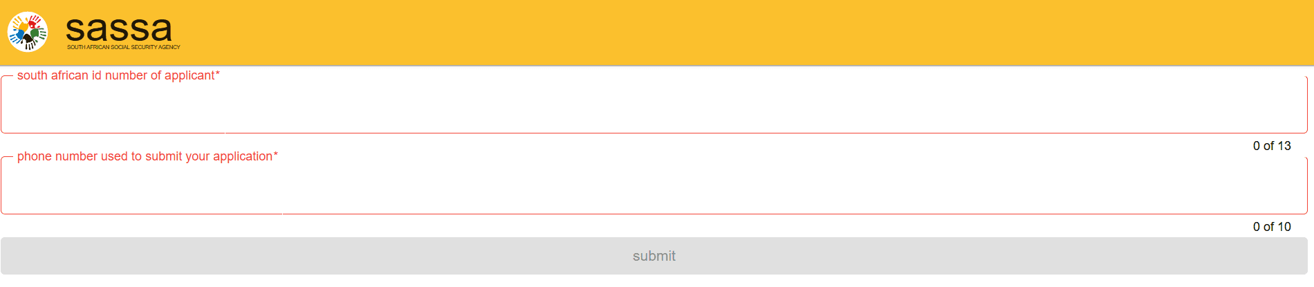 SASSA SRD status check form on srd.sassa.gov.za showing the ID number and phone number fields