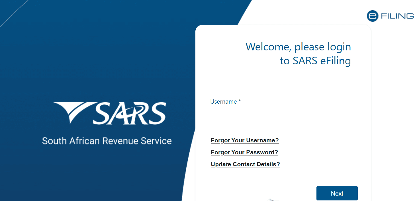 SARS eFiling login page at efiling.sars.gov.za showing the username field