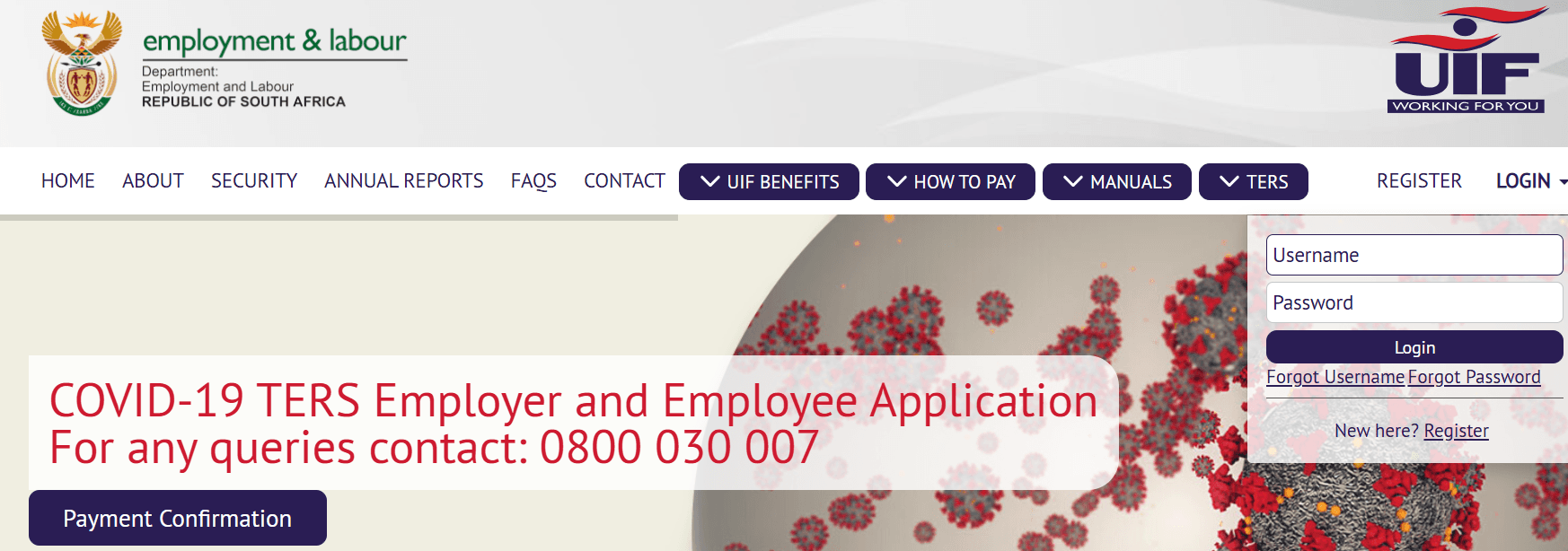 uFiling online UIF claims portal login screen at ufiling.labour.gov.za