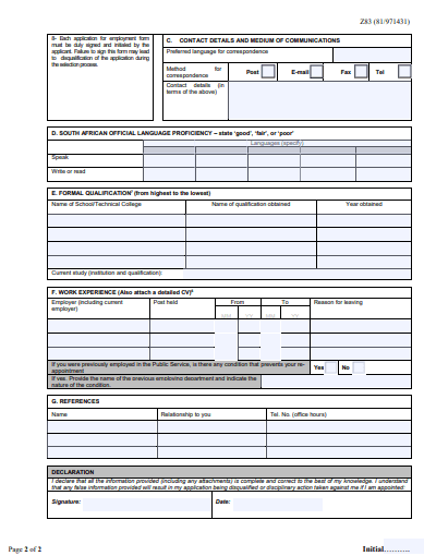 Blank Z83 Application for Employment form, page 2, showing Parts E to G and the declaration