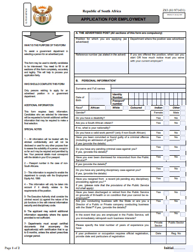 Blank Z83 Application for Employment form, page 1, showing Parts A to D